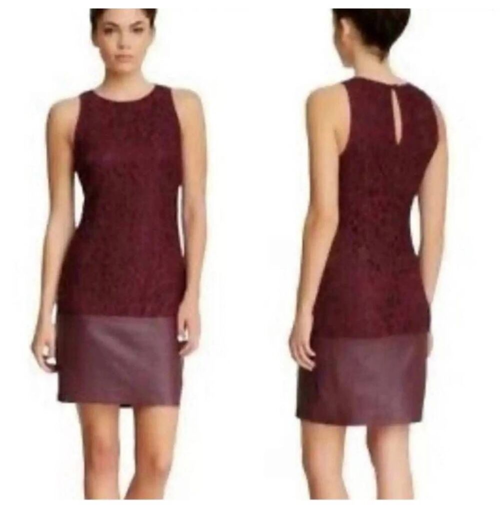 Trina Turk Amyas Women Burgundy Lace Dress Leather Trim Sleeveless, Size 12